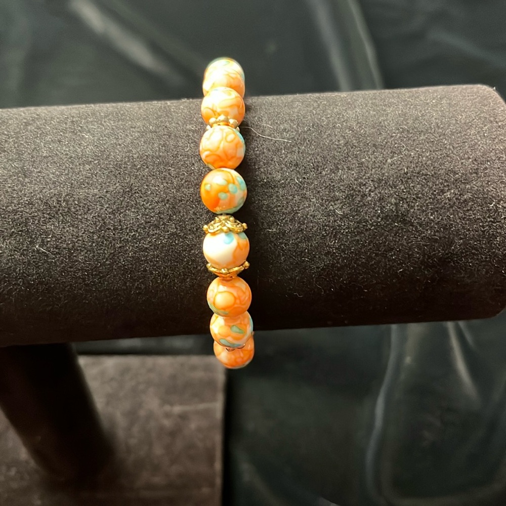 Orange/Blue-green Bracelet W Goldtone Spacers